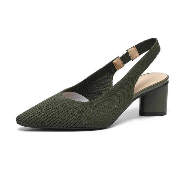 Women's Knitted Solid Color Closed Toe Back Strap Pointed Toe Shallow Mouth Side Empty Daily Chunky Heel Sandals Green - Shop at LoveMi