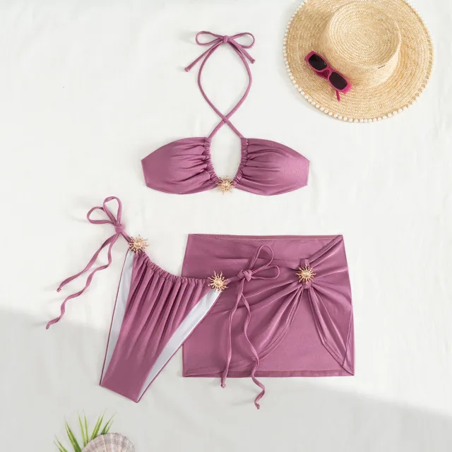 Three piece Solid Color Sexy Split Swimsuit Bikini Purplish Red - Shop at LoveMi