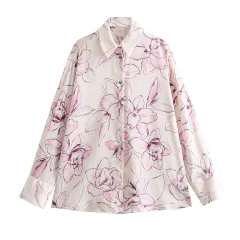 Women's Fashionable Printed Silk Satin Textured Shirt - Red - View 1