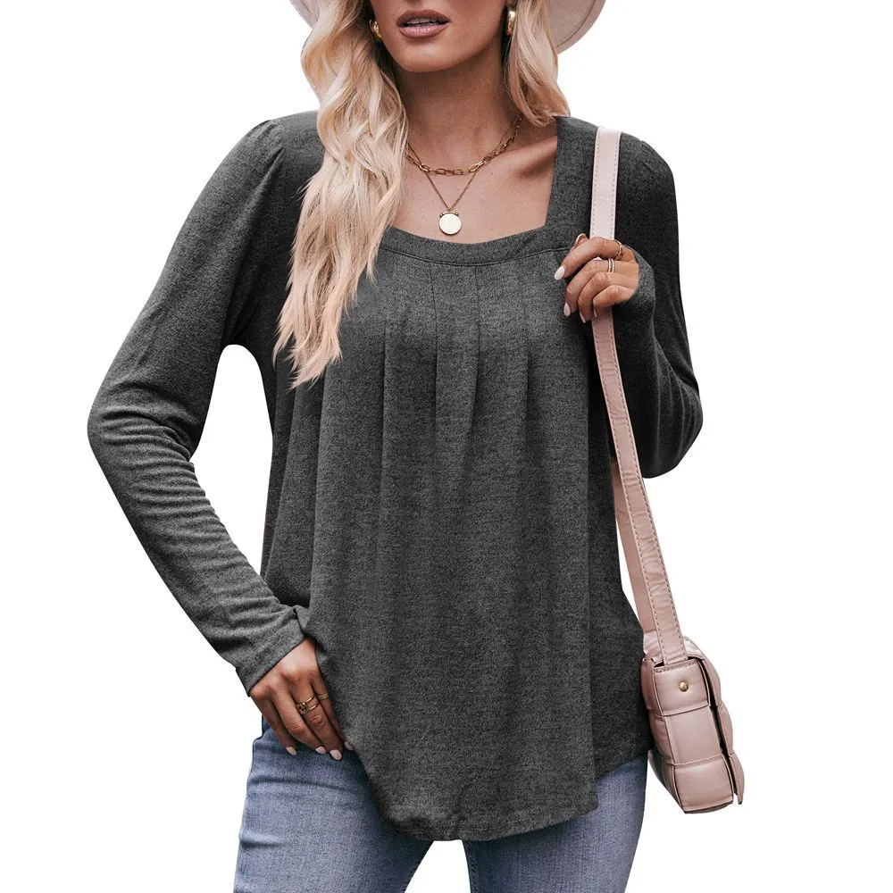 Casual Puff Sleeve Square Collar Pleated Long Sleeve - Dark Gray
