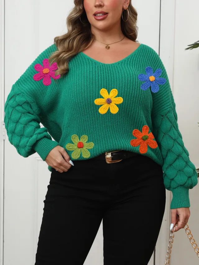 Plus size Women's Sweater Pineapple Sleeve Patch Base Shirt 3D Wool Embroidery Flowers Green - Shop at LoveMi
