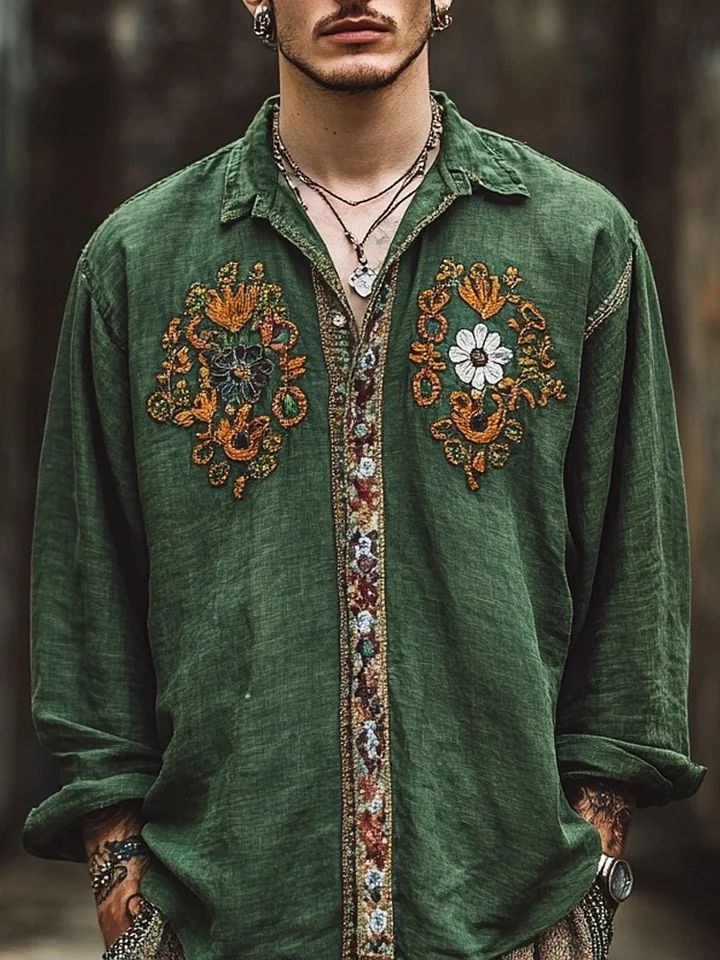 Retro Casual American-style Loose-fitting Mens Printed Long-sleeve Floral Shirt