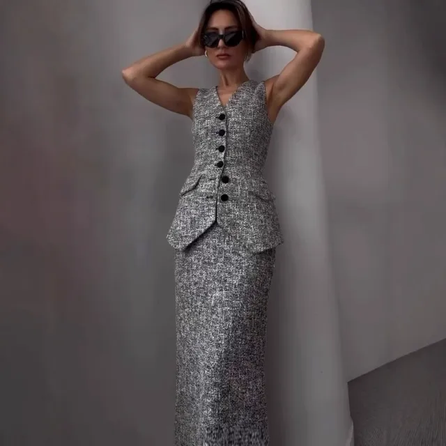 Workplace Slimming Solid Color Temperament Vest Set, Two piece Set Gray Vest Skirt - Shop at LoveMi