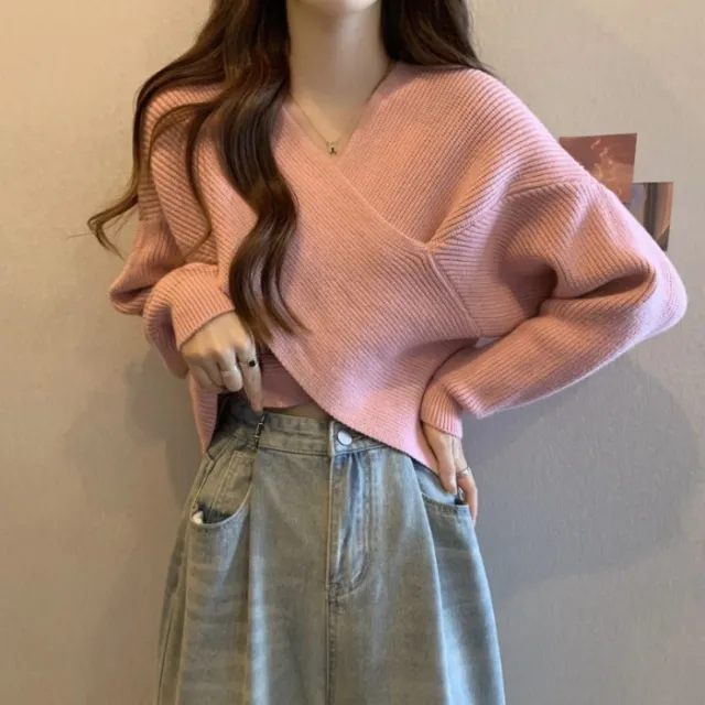 Early Autumn Cross Design Sense V neck Red Gentle Style Sweater Pink - Shop at LoveMi