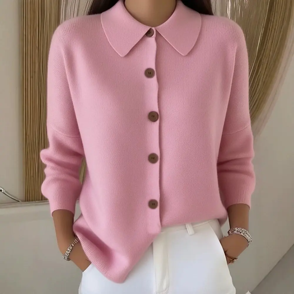 Loose-fit Casual Lapel-button Cardigan Womens Long-sleeve Sweater