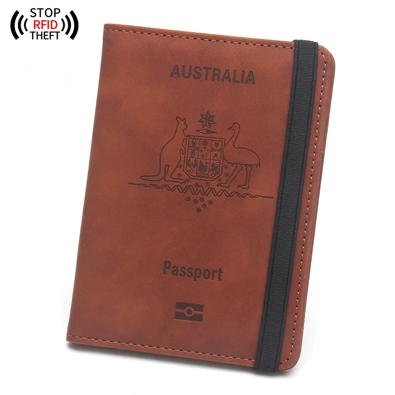 Anti-magnetic Australia Passport Case Multiple Card Slots Rubber Band Strap Passport Jacket - Brown