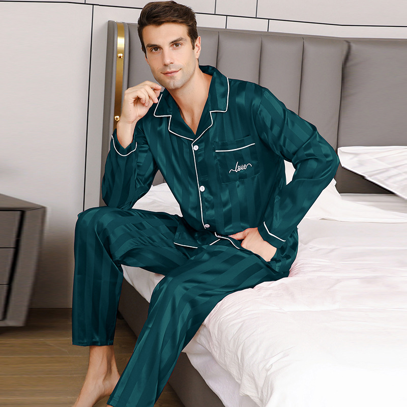 Mens Solid-Color Striped Long-Sleeve And Long-Pant Loungewear Set