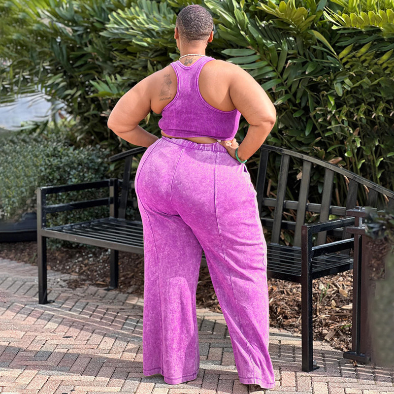 Women's Sleeveless Short Top Elastic Waist Wide Leg Pants Suit