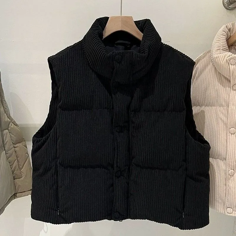 Womens Stylish Short Vest With A Stand-up Collar - Black