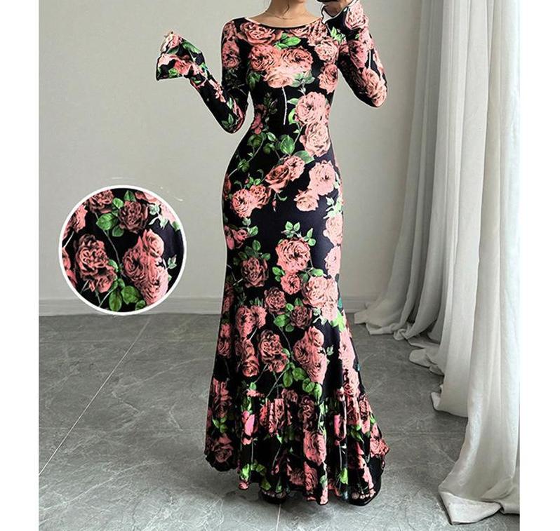 Elegant And Slim fitting Round Neck Rose Floral Flared Sleeve Bodycon Dress Pink - Shop at LoveMi