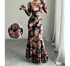 Elegant And Slim-fitting Round Neck Rose Floral Flared Sleeve Bodycon Dress - Pink - View 1