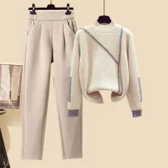 New Women's Thickened Vest Turtleneck Knitting Sweater Baggy Pants Three-piece Set - Two Set Of 2-L - View 1