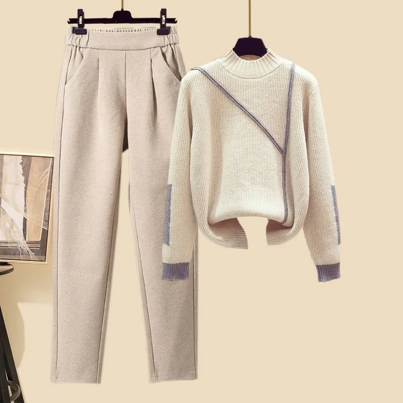 New Women's Thickened Vest Turtleneck Knitting Sweater Baggy Pants Three-piece Set - Two Set Of 2-L