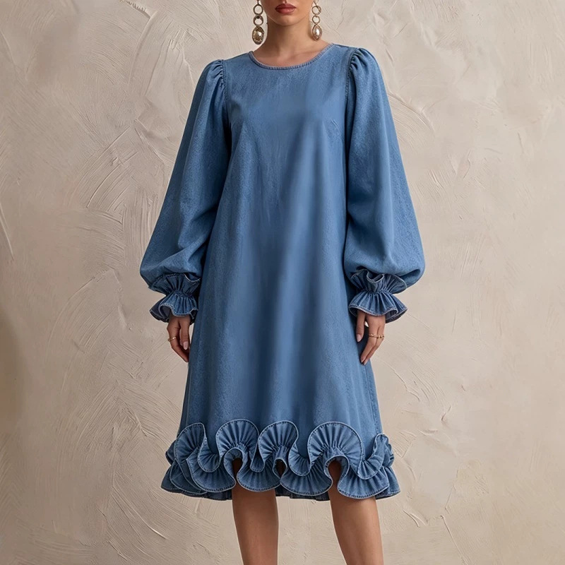 European And American-style French Puff-sleeve Denim-look Womens Dress