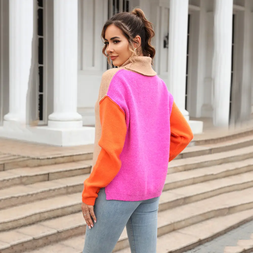 Women's Stitching Fashion Knitwear Turtleneck Pullover