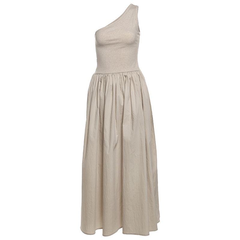 Fashion Women's Wear Waist Slant Shoulder Sleeveless Dress Khaki - Shop at LoveMi