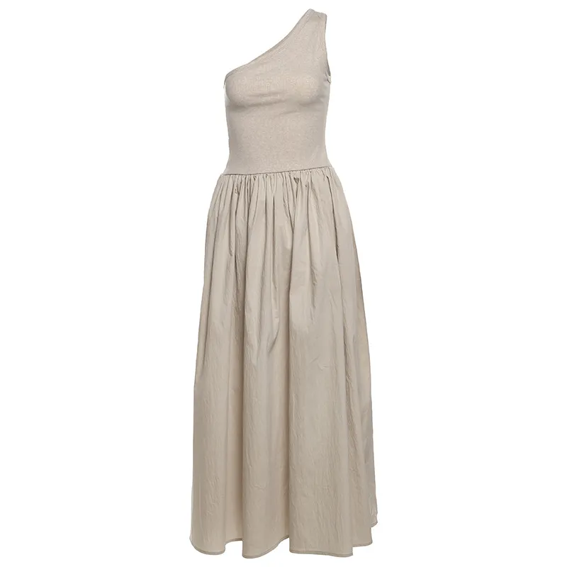 Fashion Women's Wear Waist Slant Shoulder Sleeveless Dress - Khaki
