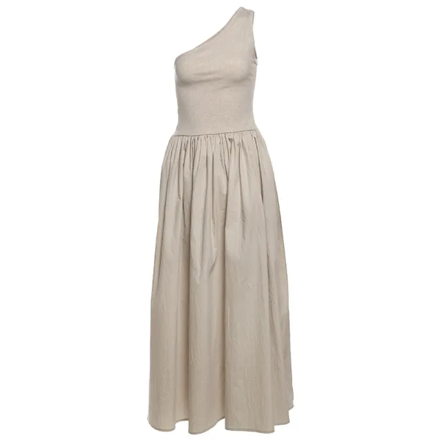 Fashion Women's Wear Waist Slant Shoulder Sleeveless Dress Khaki - Shop at LoveMi