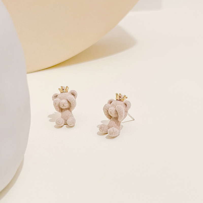 Candy Color Cute Plush Bear Ear Studs Exquisite Crown