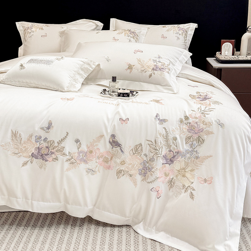 Embroidered Floral Four-Piece Bed Sheet Set