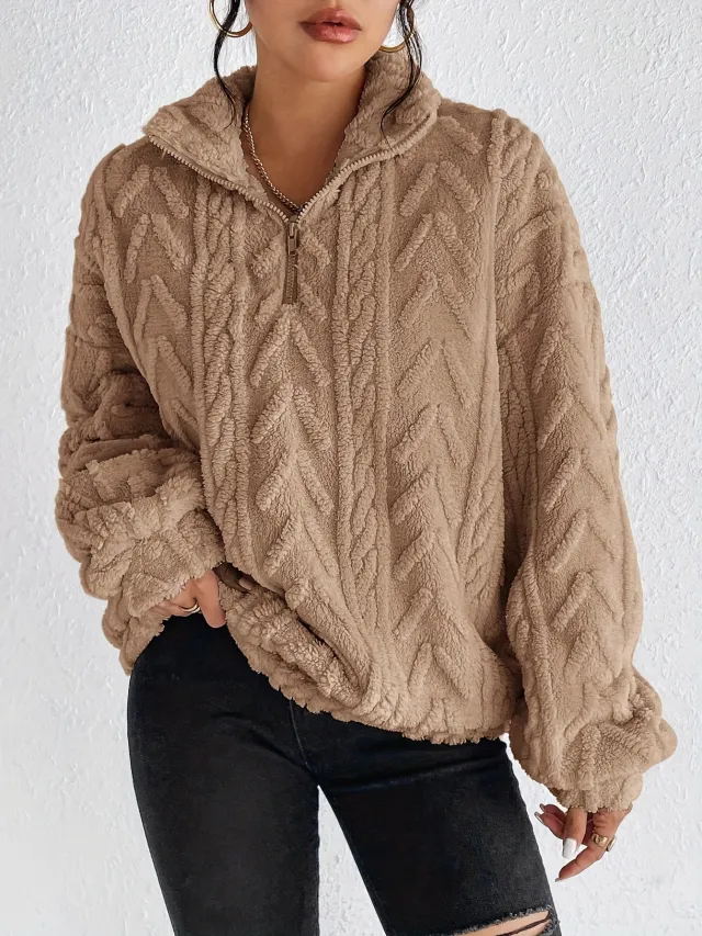 Double sided Plush Latte Art Casual Zipper Pullover Top Khaki - Shop at LoveMi