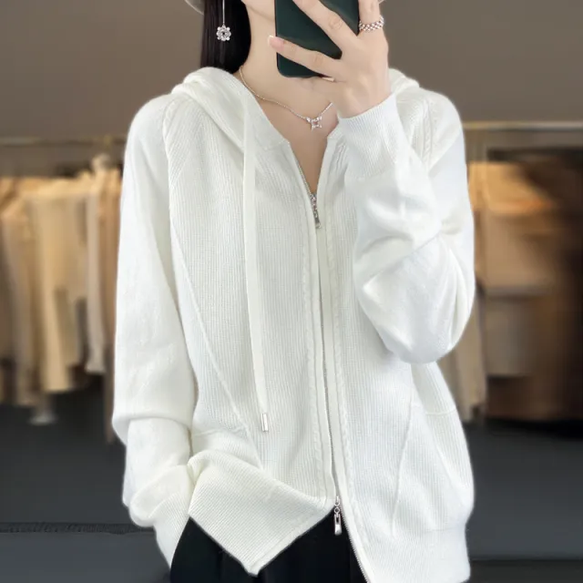 Hoodie Knitted Zipper Thickening Coat White - Shop at LoveMi