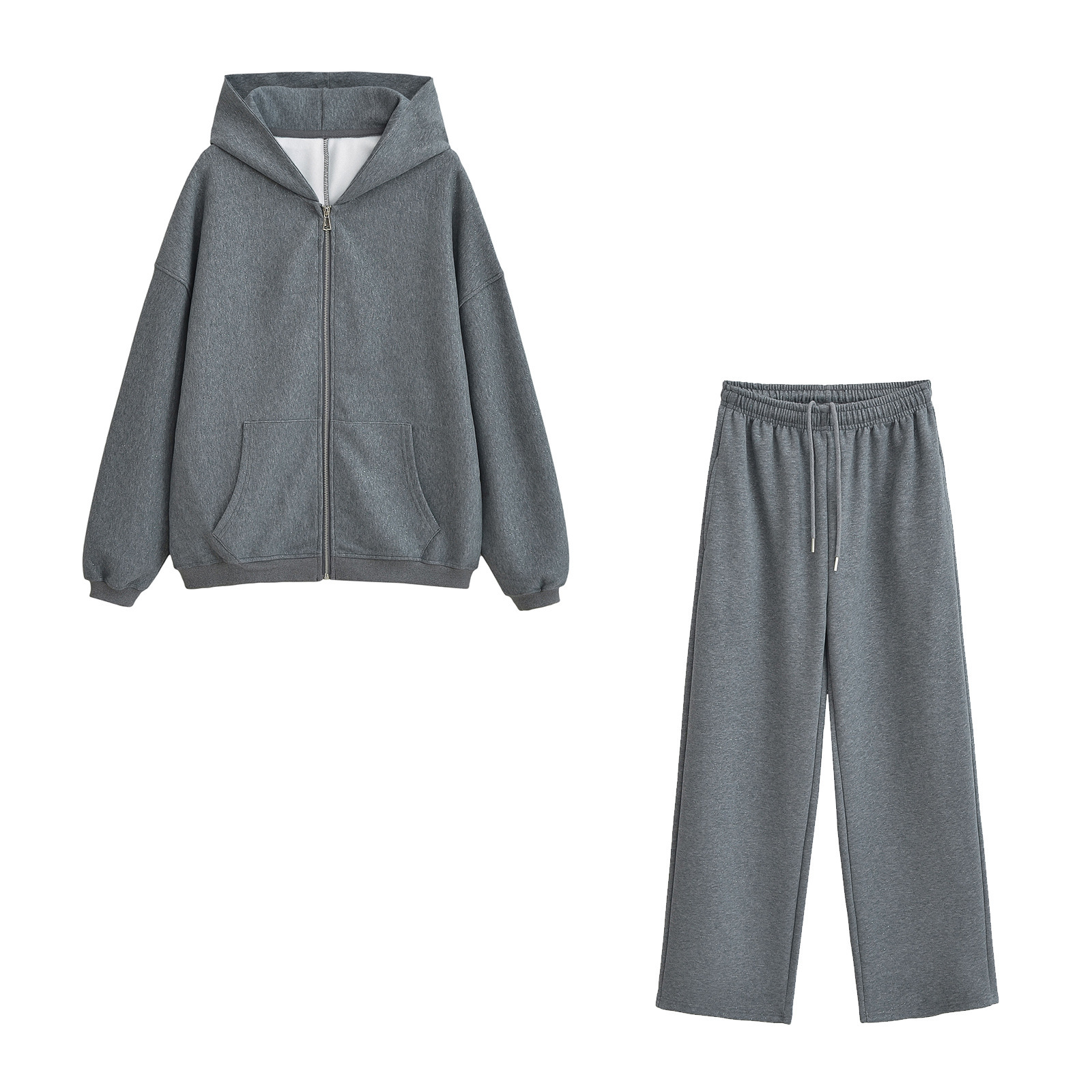 Hot Silver Shiny Loose Hooded Zip Cardigan Coat Trousers