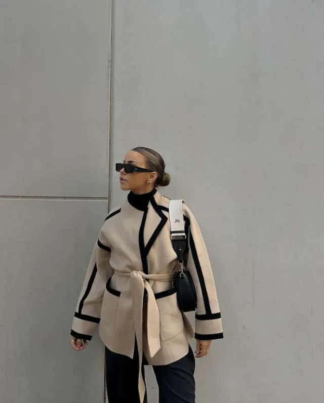 Casual Double sided Woolen Coat Lace up Contrast color Mid length Dark Khaki Cloth Color - Shop at LoveMi