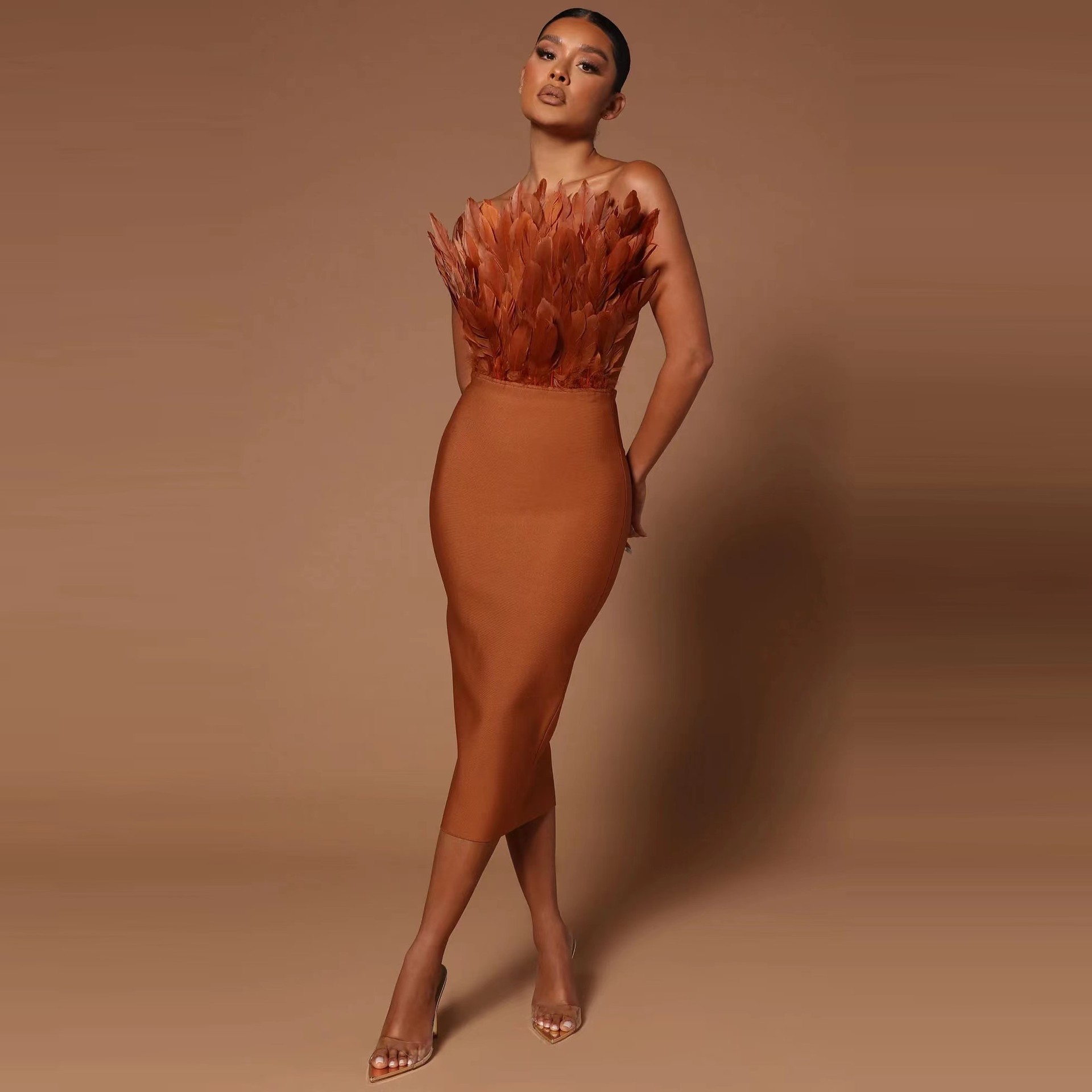 Winter New Feather Tube Top Dress Elegant Graceful Tight Dress