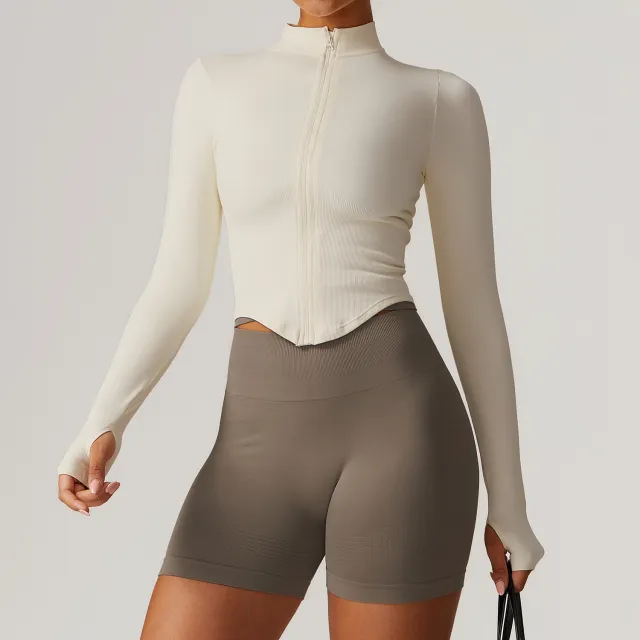 Stand Collar Long sleeve Zipper Yoga Coat For Women Beige - Shop at LoveMi