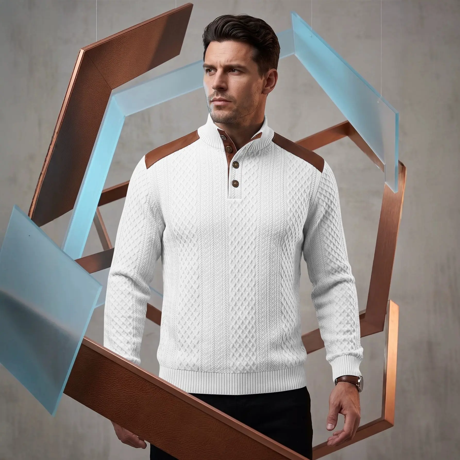 Stand-collar Knit Top With Spliced Shoulders