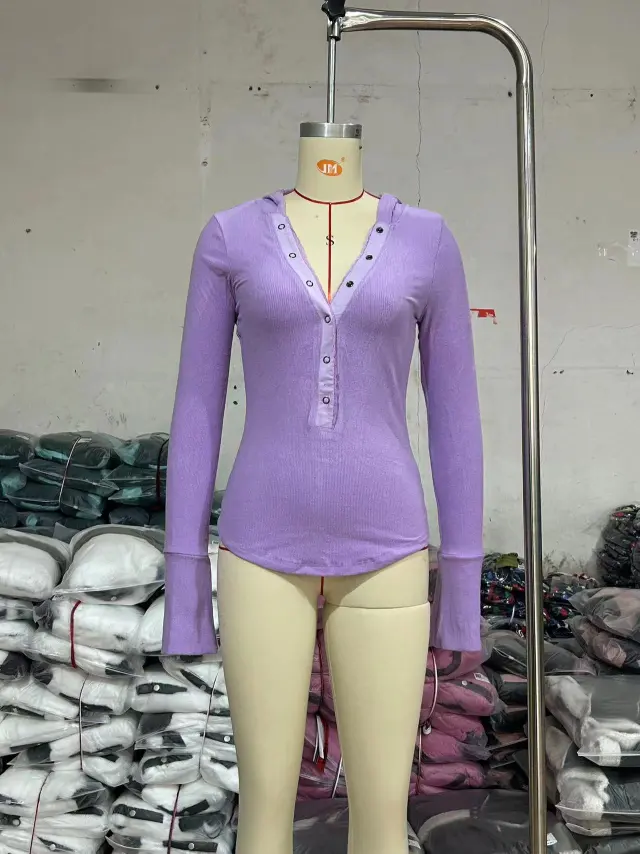 Solid Color Long Sleeve Single breasted Hooded T shirt Purple - Shop at LoveMi