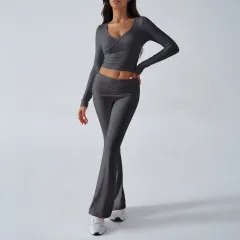 Women's Casual Sports Slim-fitting Knitted Long-sleeved Trousers Two-piece Suit - Dark Grey - View 1