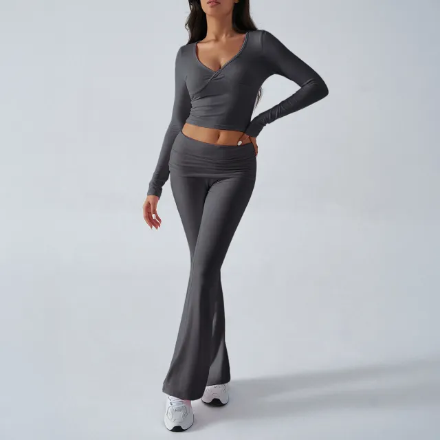 Women's Casual Sports Slim fitting Knitted Long sleeved Trousers Two piece Suit Dark Gray - Shop at LoveMi