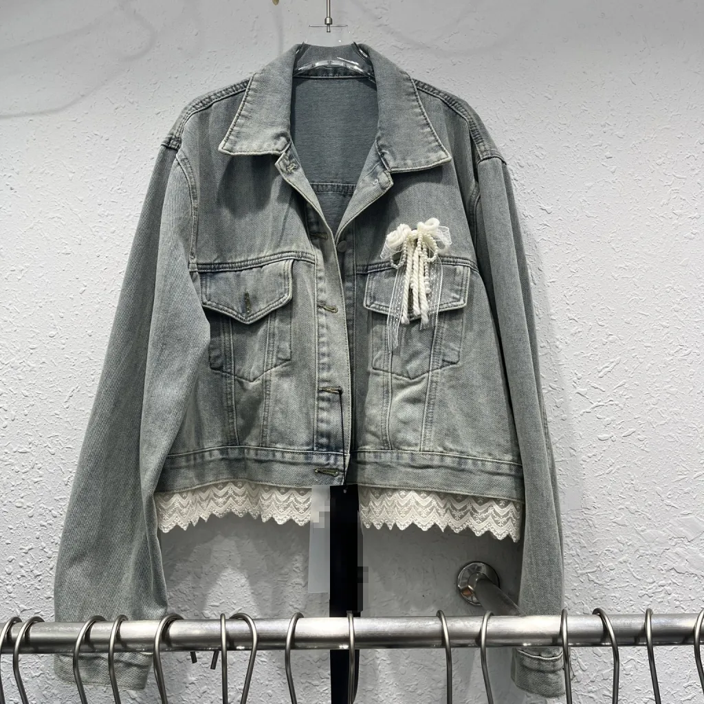 Fashion Lace Bow Patchwork Denim Jacket - Blue