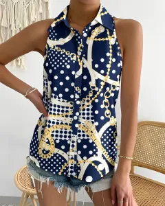 Summer Casual Fashion Shoulder-baring Sleeveless Abstract Printing Women's Shirt - Blue - View 1