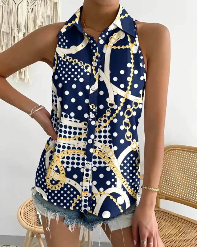 Summer Casual Fashion Shoulder baring Sleeveless Abstract Printing Women's Shirt Blue - Shop at LoveMi