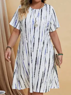 Women's Casual Fashion Loose Striped Printed Short Sleeve Dress - Blue - View 1