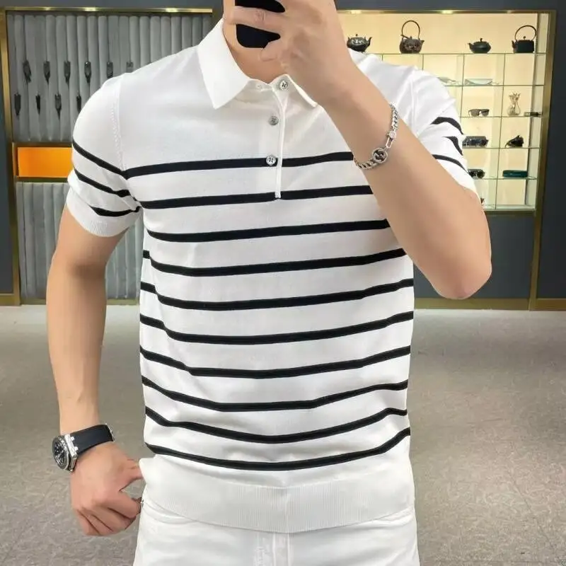 Lightly Mature Personality Striped Lapel Knitted T-shirt