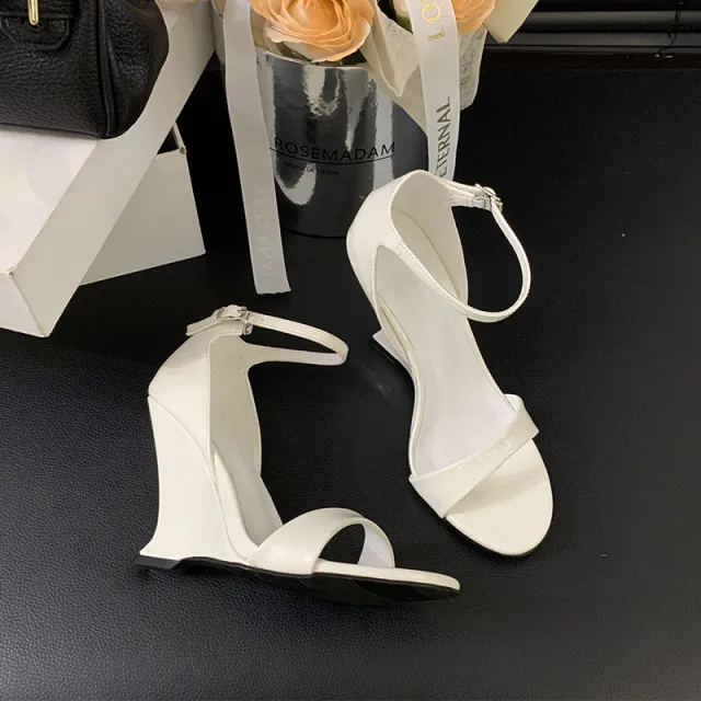 Summer Round Toe Fashion Wedge Sandals Ankle strap Buckle Patent Leather High Heels White - Shop at LoveMi