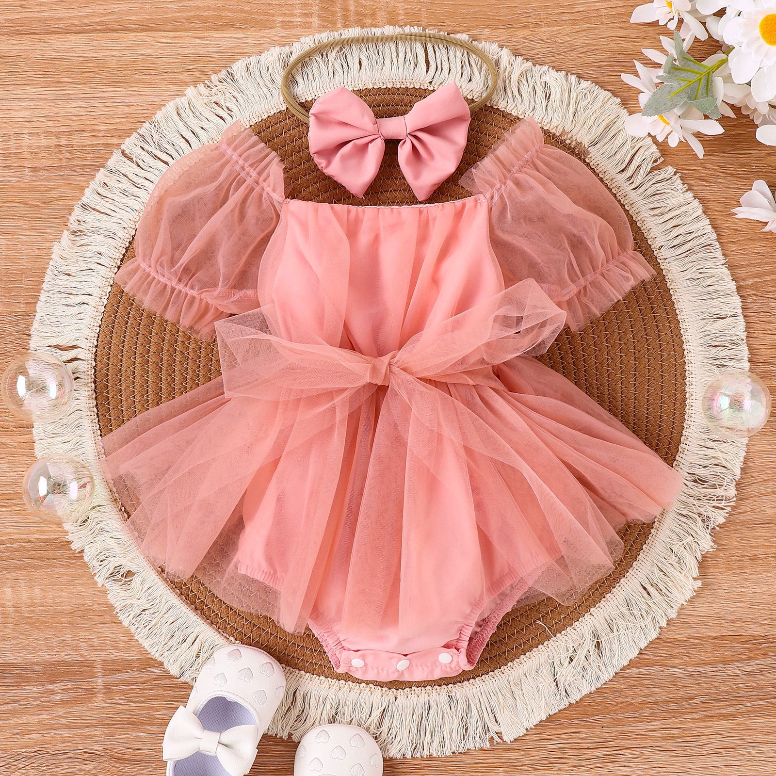 Title 5, Baby Girl Solid Color Puff Sleeve Net Skirt Hea...