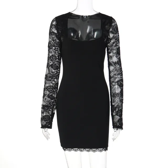 Lace Panel Bodycon Square Neck Long Sleeve Dress Black - Shop at LoveMi