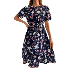 Short Sleeve Round Neck Printed Dress - Dark Blue - View 1