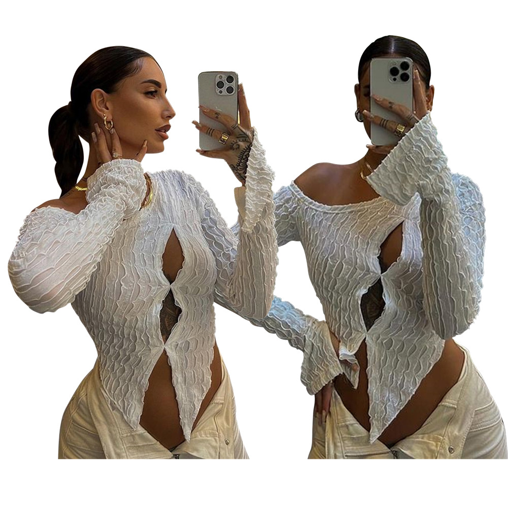 Women's Hollow-out Split Long Sleeve Knitted Top