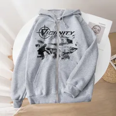 European And American Fashion Geo-neighbor Printed Zipper Sweater - Grey - View 1