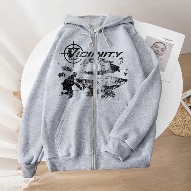 European And American Fashion Geo neighbor Printed Zipper Sweater Gray - Shop at LoveMi