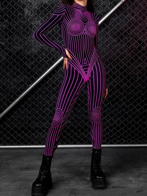 Fluorescent Skeleton Digital Printing Jumpsuit Purplish Red Thin Lines - Shop at LoveMi