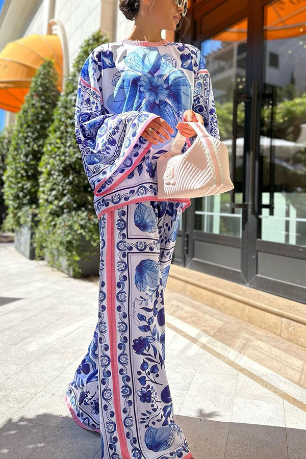 Autumn New Blue And White Porcelain Printed Temperament Top And Trousers Casual Two-piece Suit