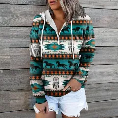 Female Ethnic Tribal Hoodie Coat - Green - View 1