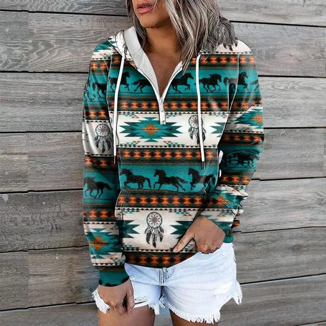 Female Ethnic Tribal Hoodie Coat Green - Shop at LoveMi